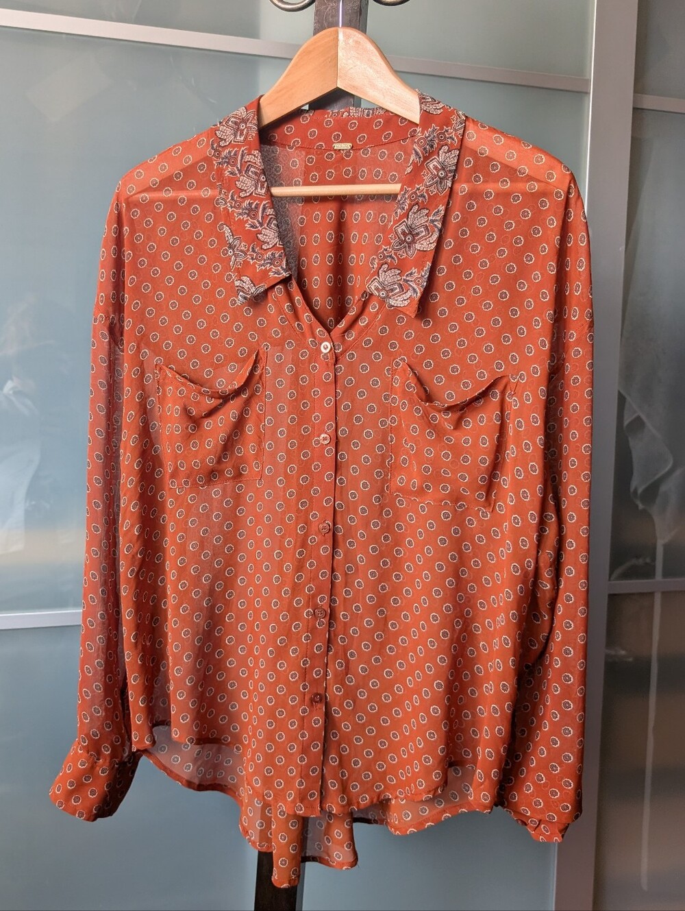 Free People Sheer Rust Orange Printed Button-Up Blouse